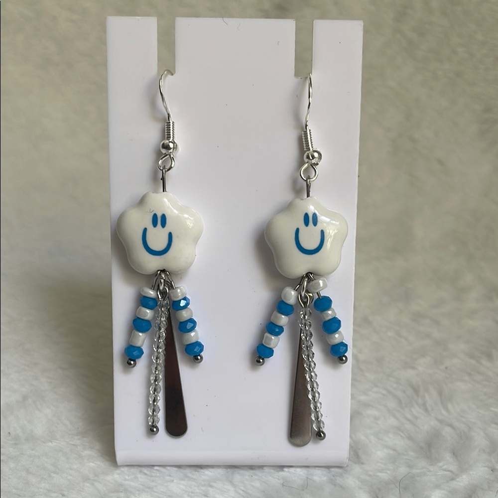Smiley Cloud Earrings with Blue Beads